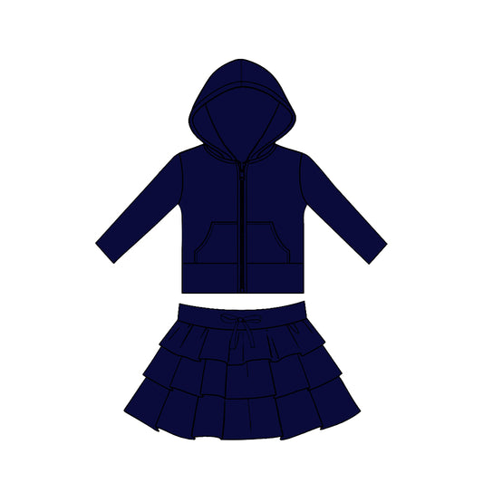 Baby Girls Navy Pockets Zip Hoodies Jacket Ruffle Skirt Shorts Yoga Clothes Sets Preorder