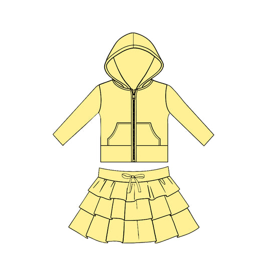 Baby Girls Yellow Pockets Zip Hoodies Jacket Ruffle Skirt Shorts Yoga Clothes Sets Preorder