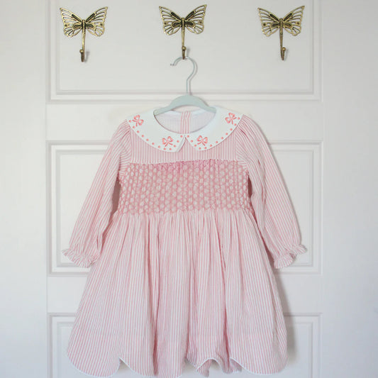 Baby Girls Peach Bows Collar Stripe Ruffle Knee Length Dresses Preorder