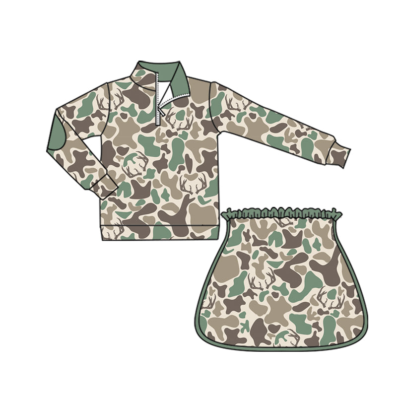 Baby Girls Southern Deer Camo Zipper Pullover Skirt Shorts Clothes Sets Preorder
