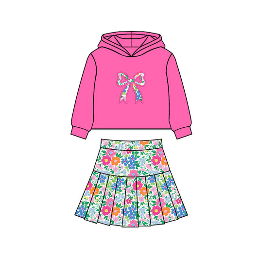Baby Girls Pink Hoodie Bows Top Colorful Floral Pleated Skirt Shorts Yoga Clothes Sets Preorder