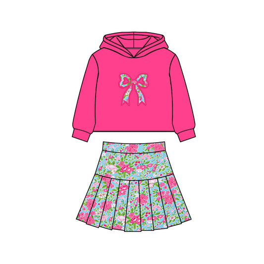 Baby Girls Hot Pink Hoodie Bows Top Colorful Floral Pleated Skirt Shorts Yoga Clothes Sets Preorder