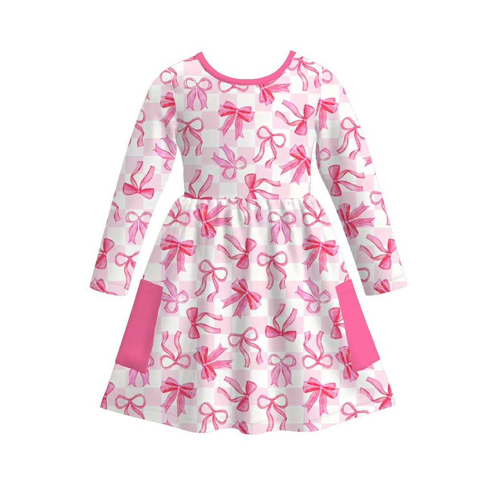 Baby Girls Pink Checked Bows Pockets Knee Length Dresses Preorder