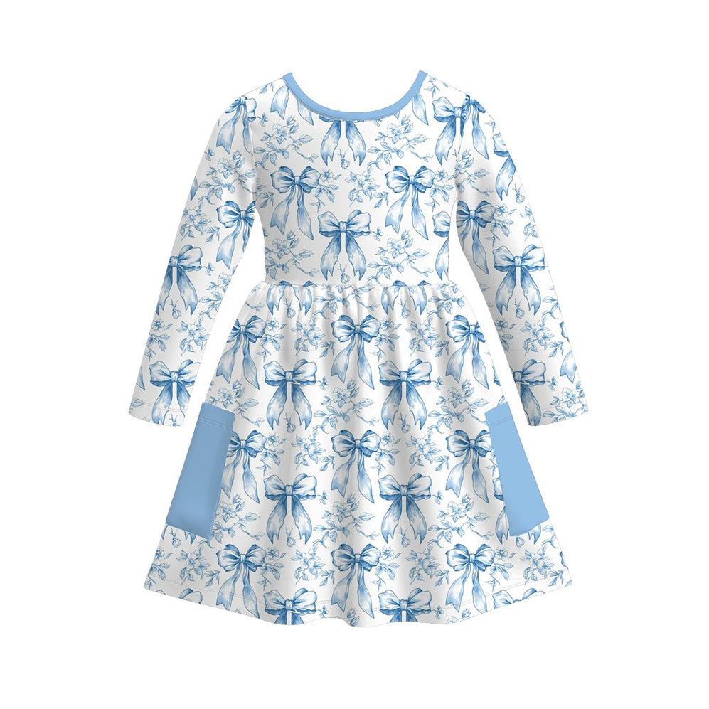 Baby Girls Blue Flower Bows Pockets Knee Length Dresses Preorder