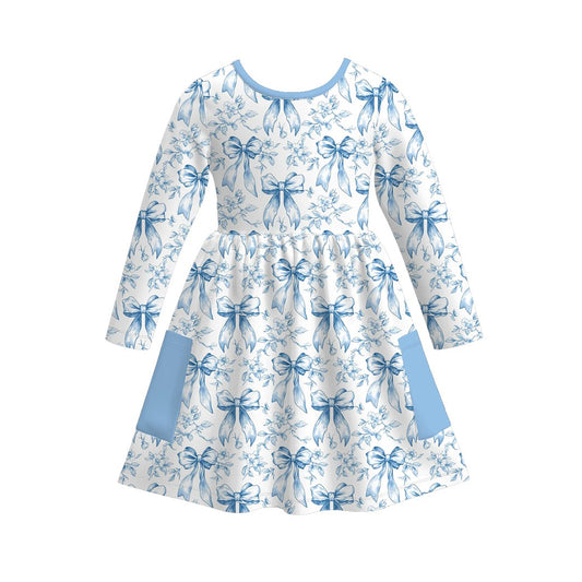 Baby Girls Blue Flower Bows Pockets Knee Length Dresses Preorder