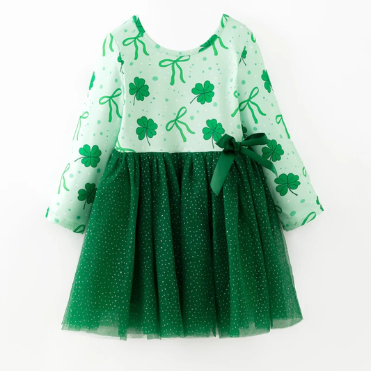 Baby Girls Green Bow Clovers St Patrick Knee Length Dresses Preorder