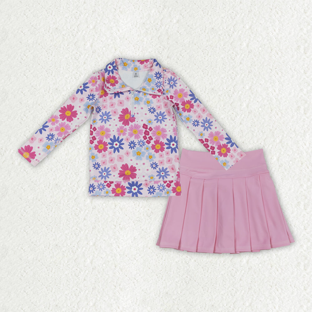 Baby Girls Daisy Flowers Zipper Pullovers Pink Pleated Skirt Shorts Yoga Active Clothes Set
