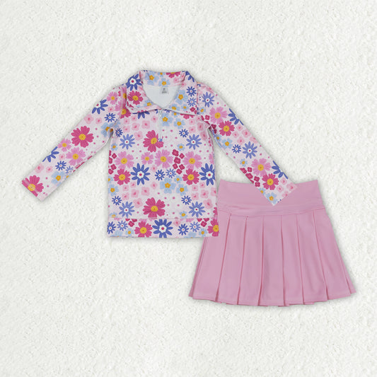 Baby Girls Daisy Flowers Zipper Pullovers Pink Pleated Skirt Shorts Yoga Active Clothes Set