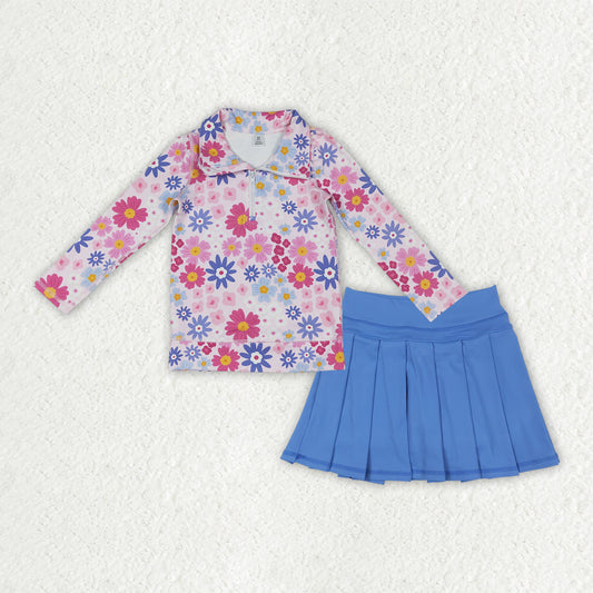 Baby Girls Daisy Flowers Zipper Pullovers Blue Pleated Skirt Shorts Yoga Active Clothes Set