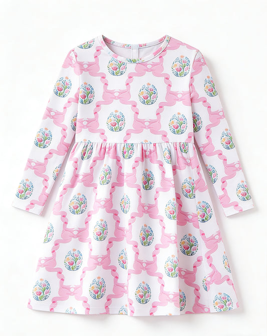 Baby Girls Pink Flowers Bows Checked Knee Length Dresses Preorder