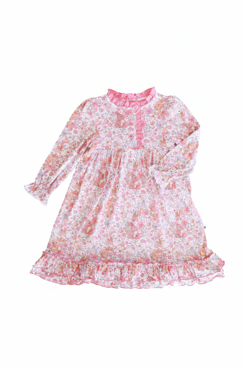 Baby Girls Pink Flowers Rabbits Button Ruffle Easter Knee Length Dresses Preorder