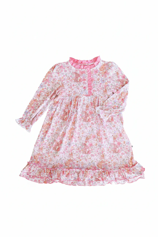 Baby Girls Pink Flowers Rabbits Button Ruffle Easter Knee Length Dresses Preorder