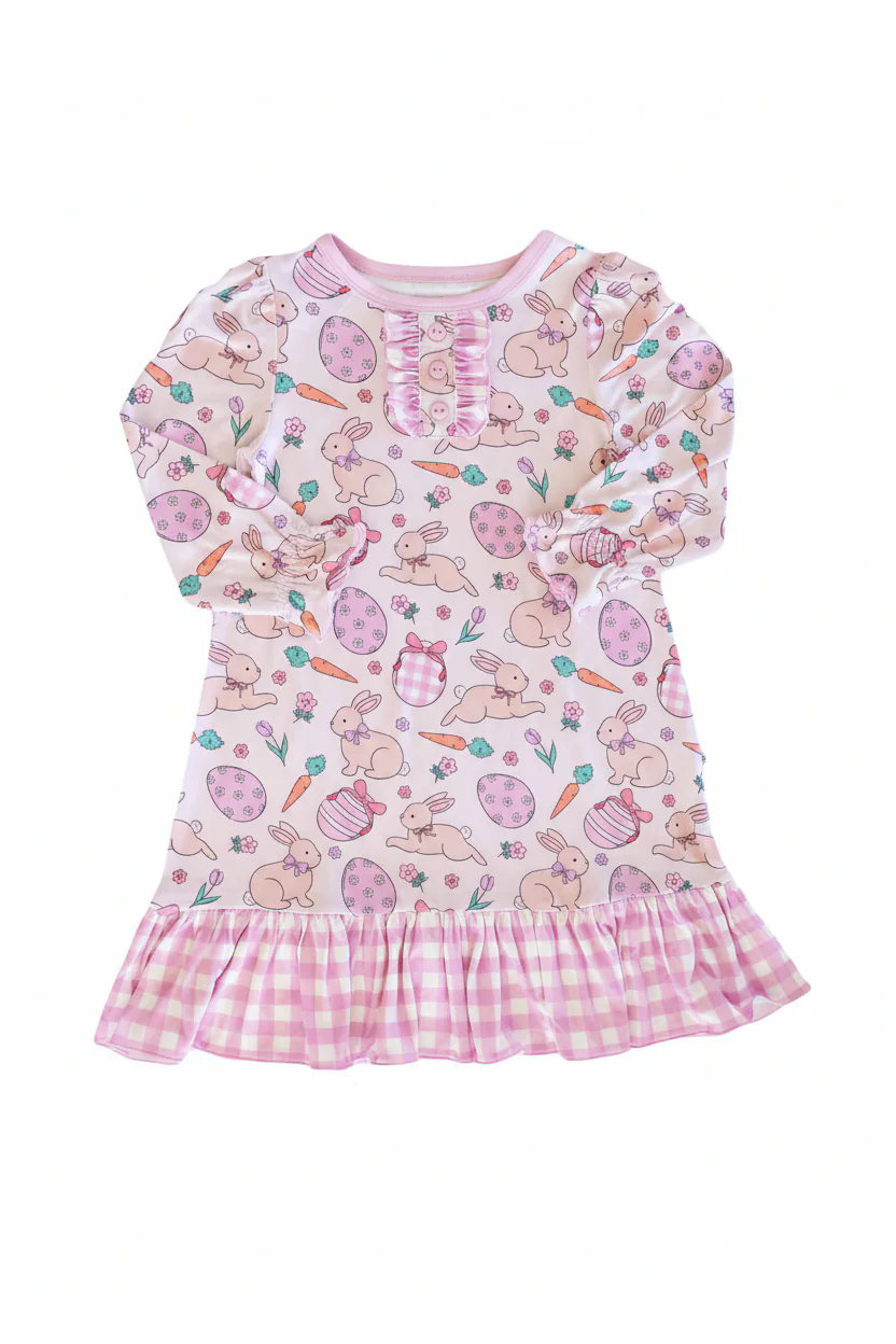 Baby Girls Pink Carrots Rabbits Button Ruffle Easter Knee Length Dresses Preorder