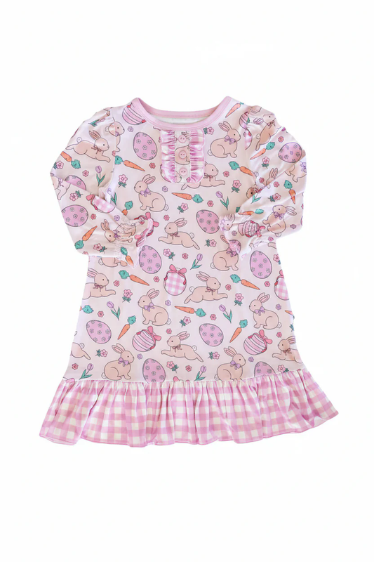 Baby Girls Pink Carrots Rabbits Button Ruffle Easter Knee Length Dresses Preorder
