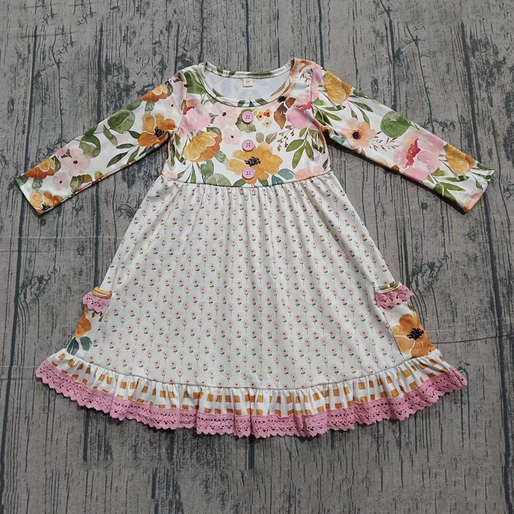 Baby Girls Long Sleeve Flowers Button Pockets Ruffle Knee Length Dresses