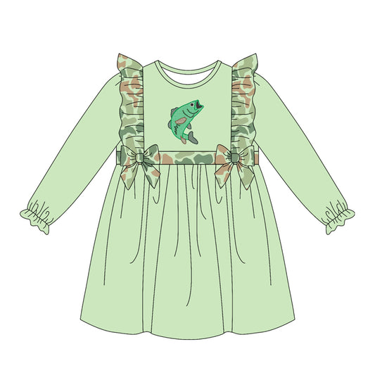 Baby Girls Long Sleeve Green Camo Fish Hunting Knee Length Dresses Preorder