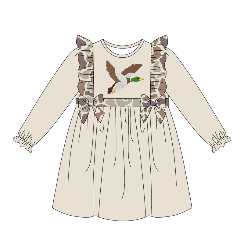 Baby Girls Long Sleeve Khaki Camo Ducks Hunting Knee Length Dresses Preorder