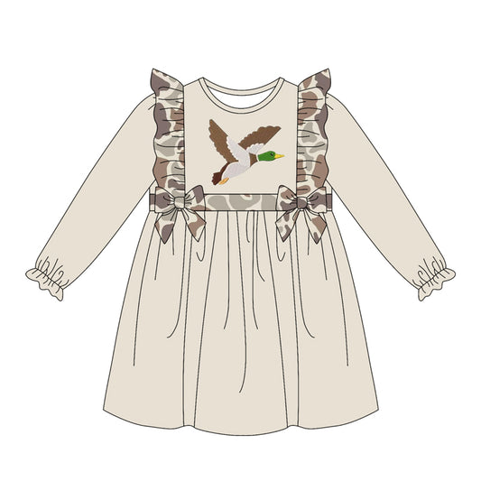 Baby Girls Long Sleeve Khaki Camo Ducks Hunting Knee Length Dresses Preorder