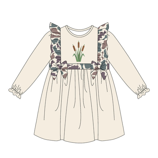 Baby Girls Long Sleeve Brown Camo Water Plants Knee Length Dresses Preorder