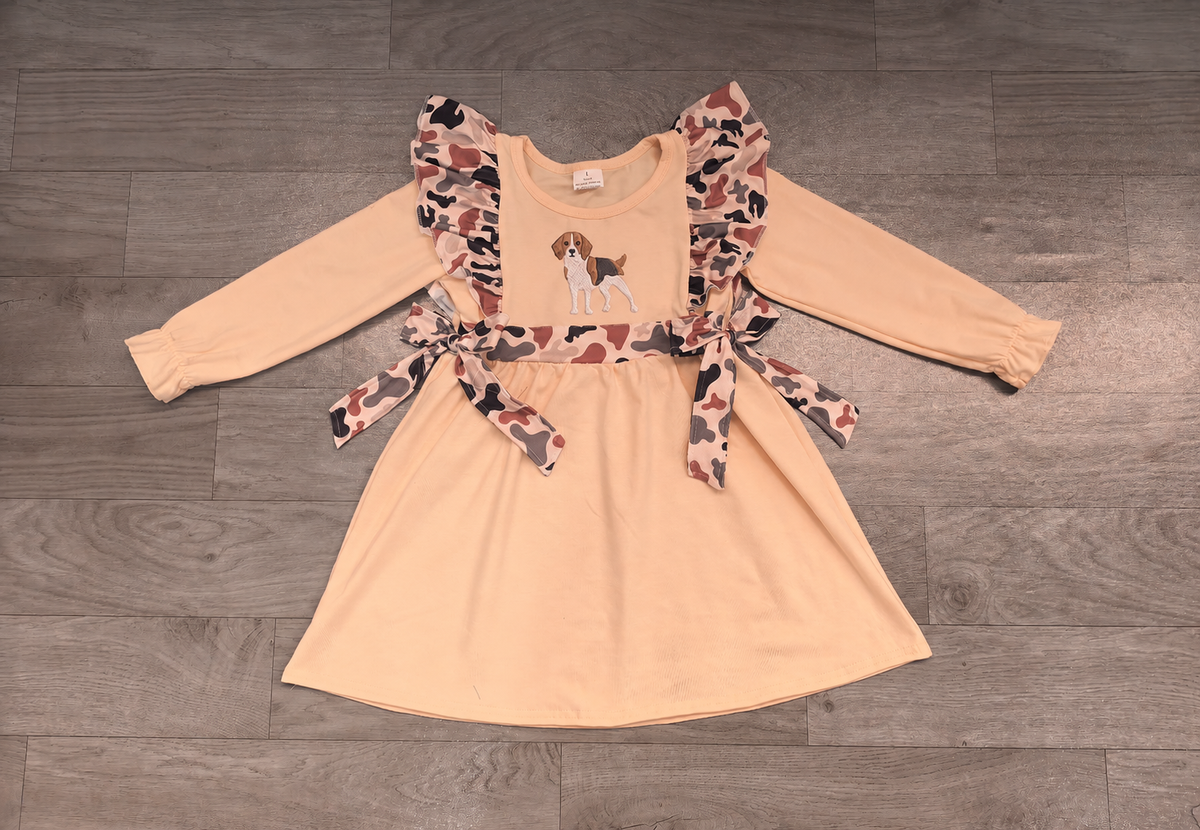 Embroidery Dogs Baby Girls Khaki Camo Hunting Knee Length Dresses Preorder