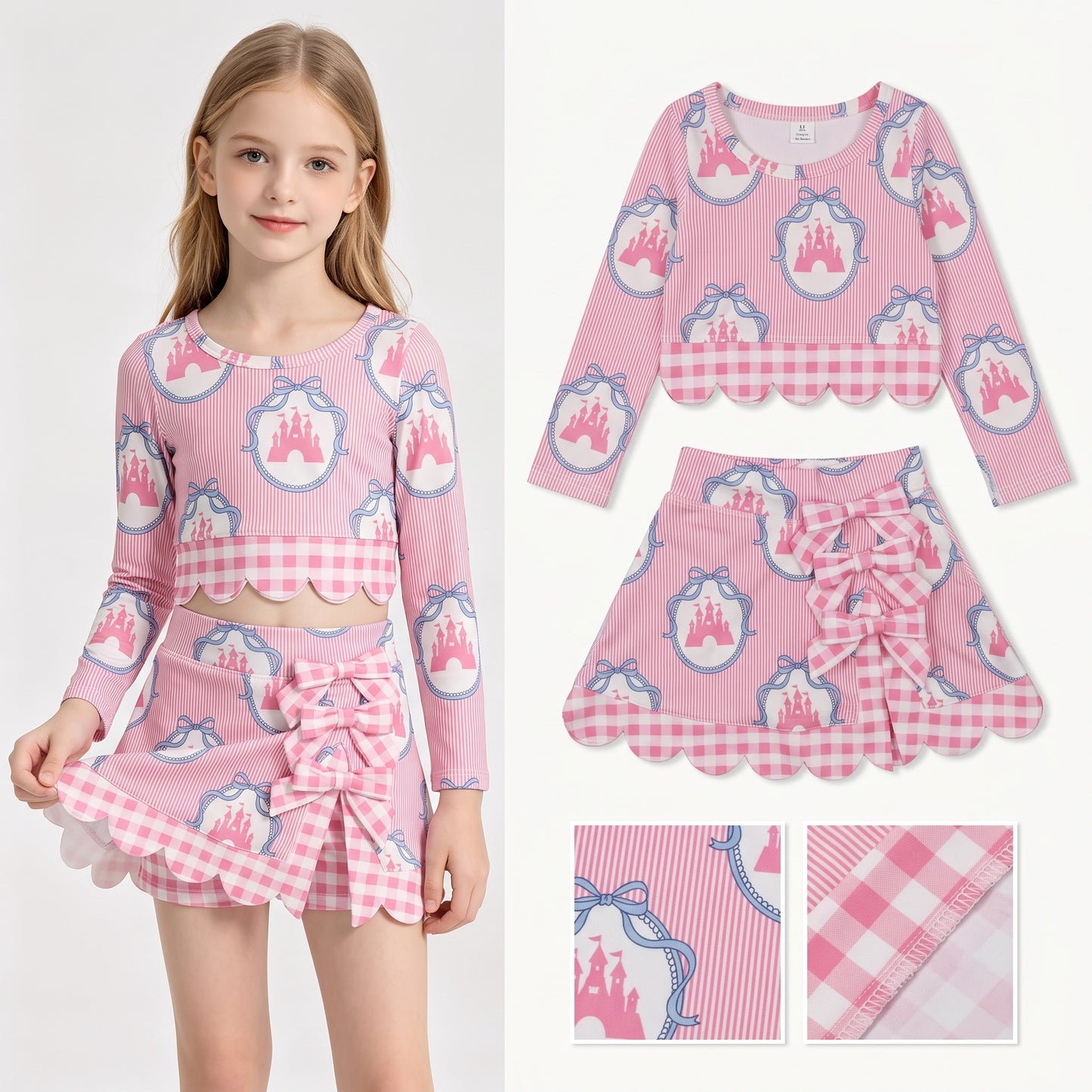 Baby Girls Pink Bows Castles Top Bows Short Skirt Yoga Active Scallop Clothes Sets