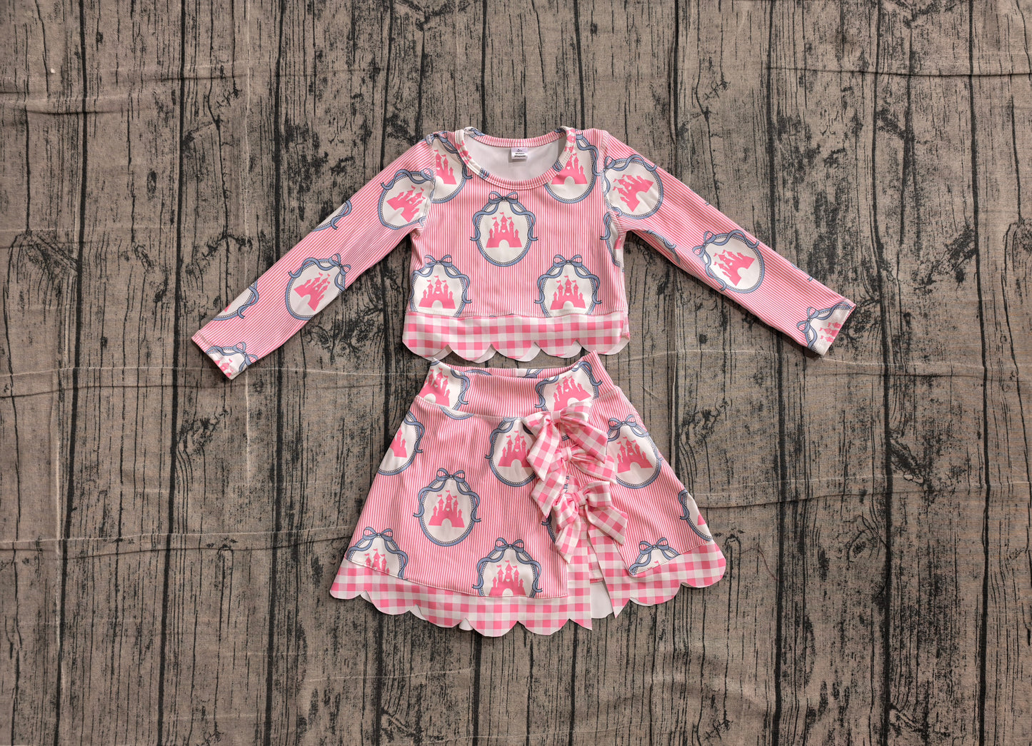 Baby Girls Pink Stripe Castles Top Short Skirt Yoga Active Scallop Clothes Sets Preorder