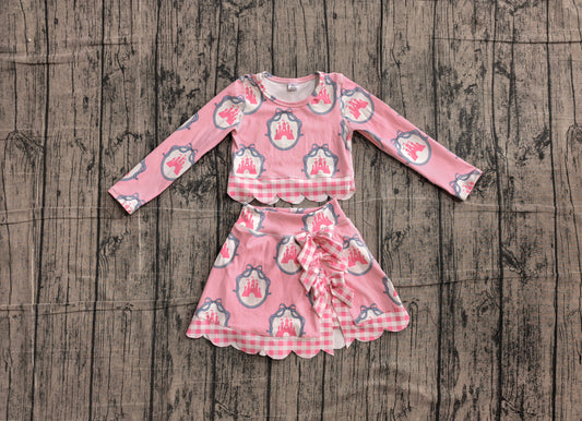 Baby Girls Pink Stripe Castles Top Short Skirt Yoga Active Scallop Clothes Sets Preorder