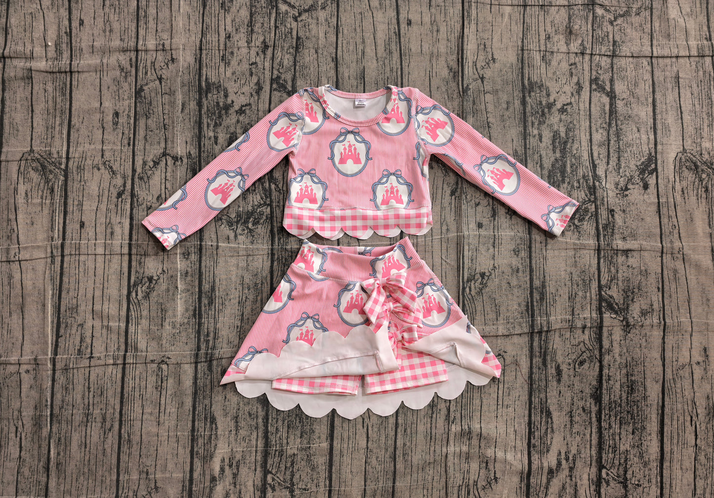 Baby Girls Pink Stripe Castles Top Short Skirt Yoga Active Scallop Clothes Sets Preorder