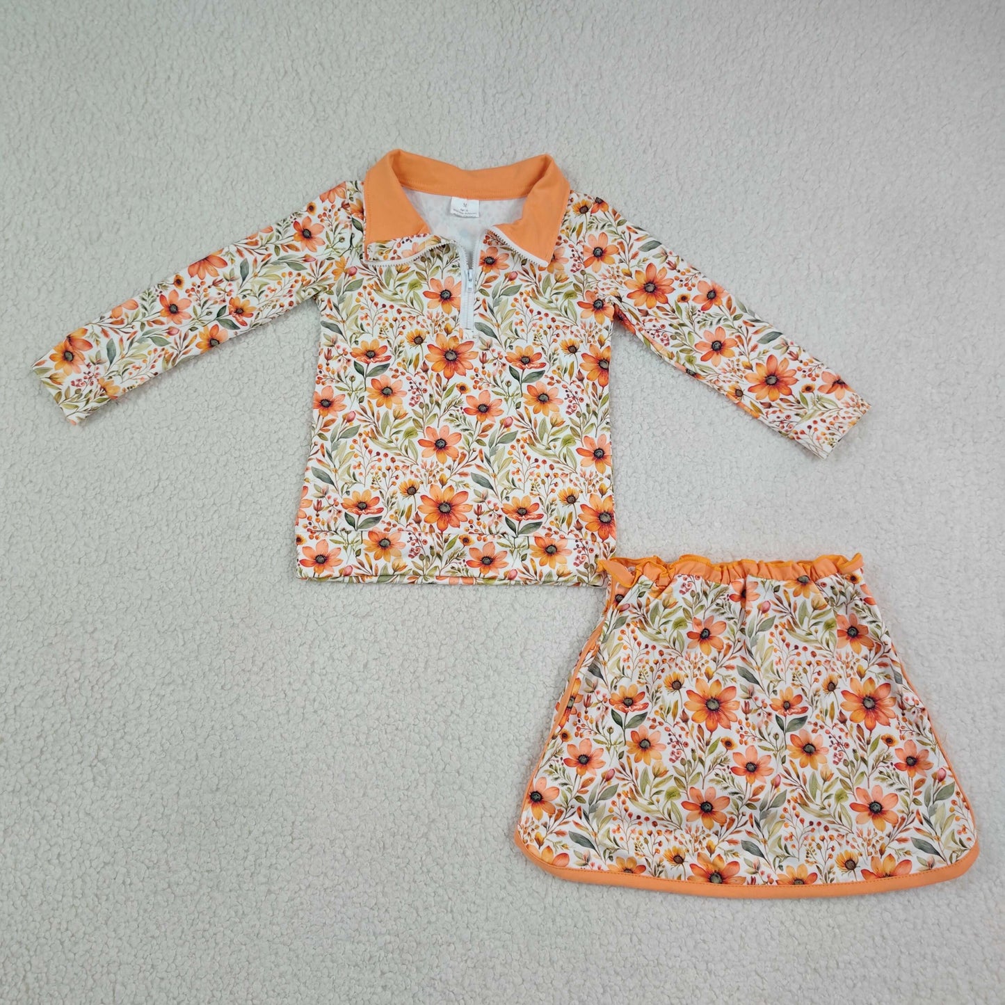 Sibling Baby Girls Long Sleeve Flowers Bows Zip Pumpkins Top Skirt Short Clothes Sets