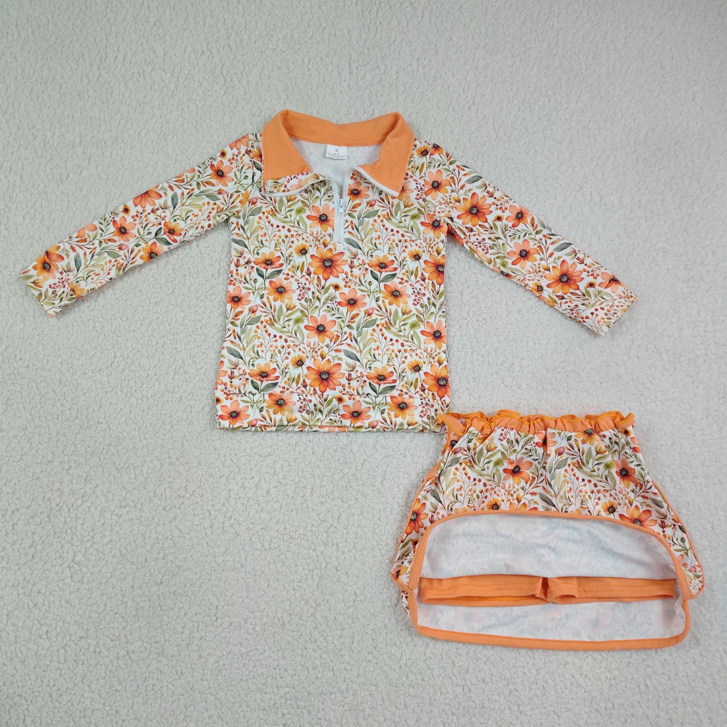Sibling Baby Girls Long Sleeve Flowers Bows Zip Pumpkins Top Skirt Short Clothes Sets