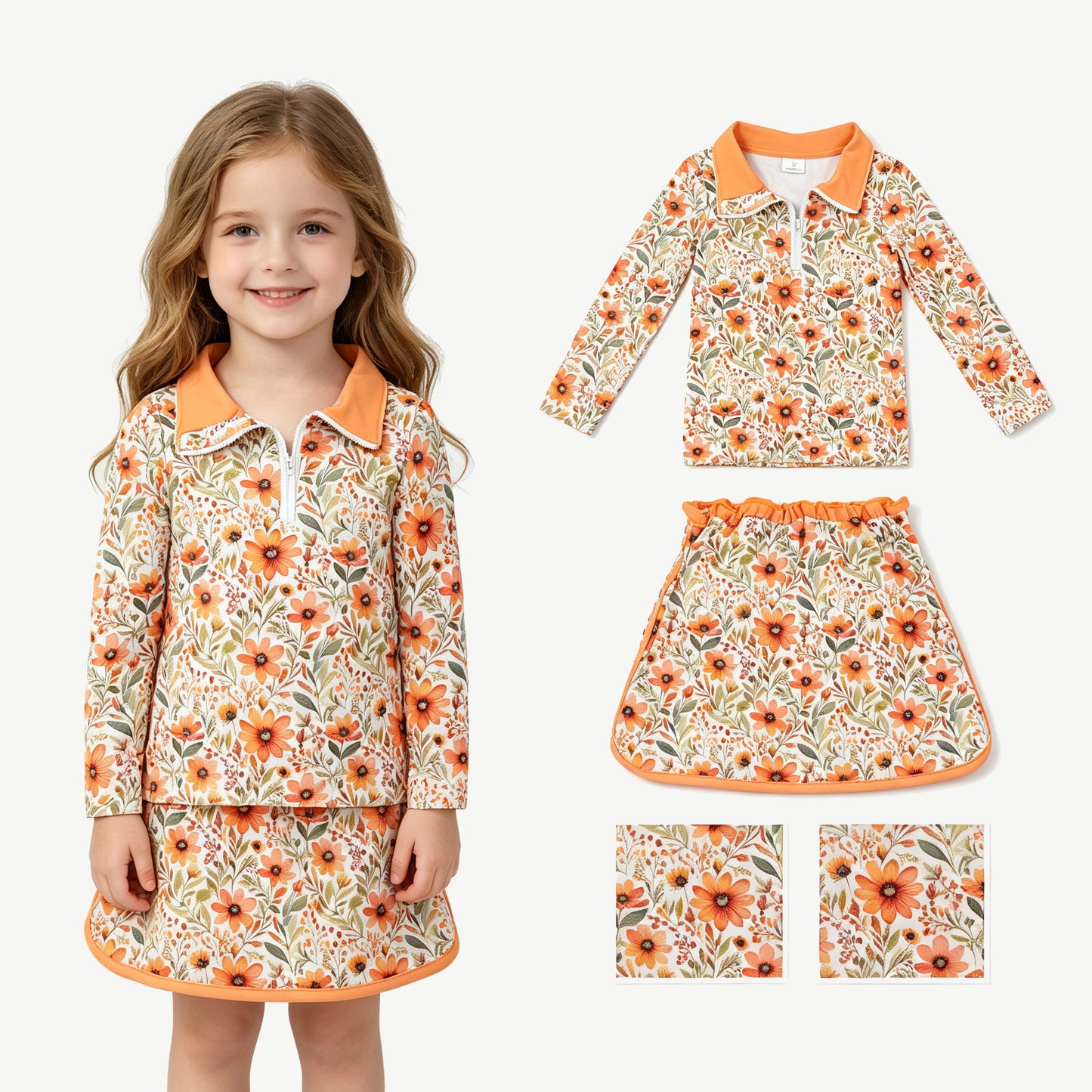 Baby Girls Long Sleeve Flowers Zip Pullovers Skirt Short Fall Clothes Sets