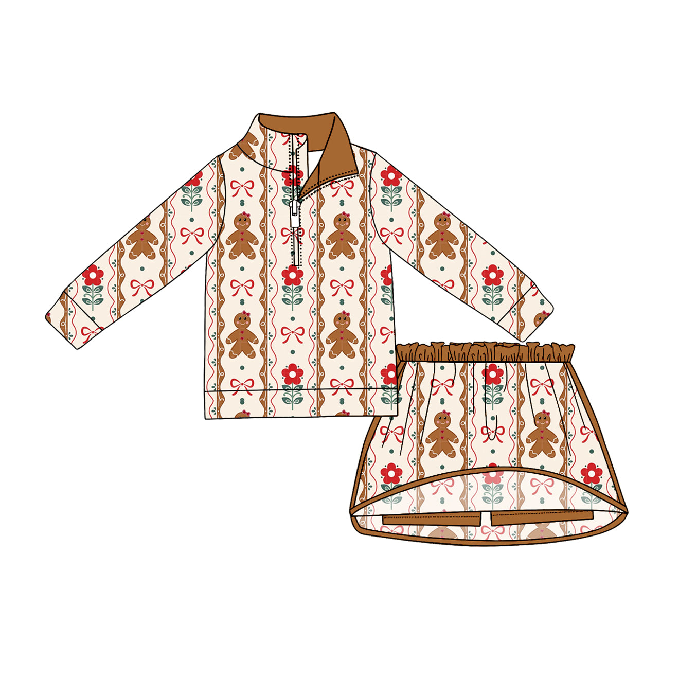 Baby Girls Flowers Gingerbread Bows Stripe Zip Top Skirt Short Christmas Clothes Sets Preorder
