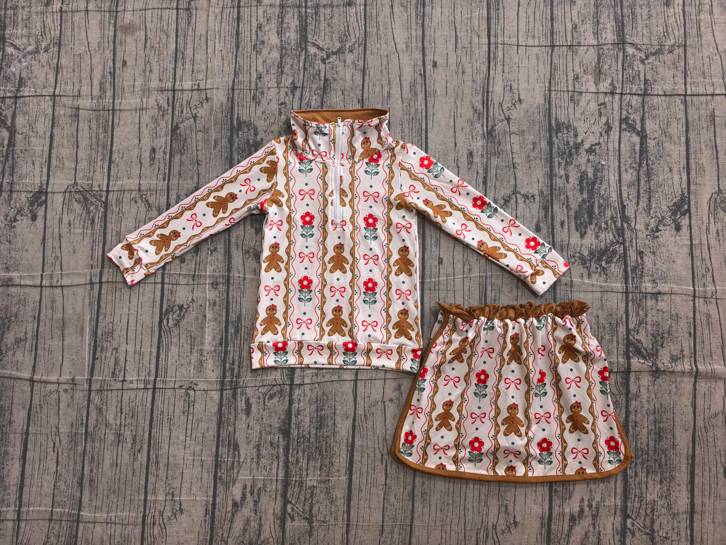 Baby Girls Flowers Gingerbread Bows Stripe Zip Top Skirt Short Christmas Clothes Sets Preorder