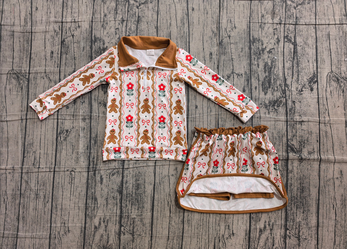 Baby Girls Flowers Gingerbread Bows Stripe Zip Top Skirt Short Christmas Clothes Sets Preorder