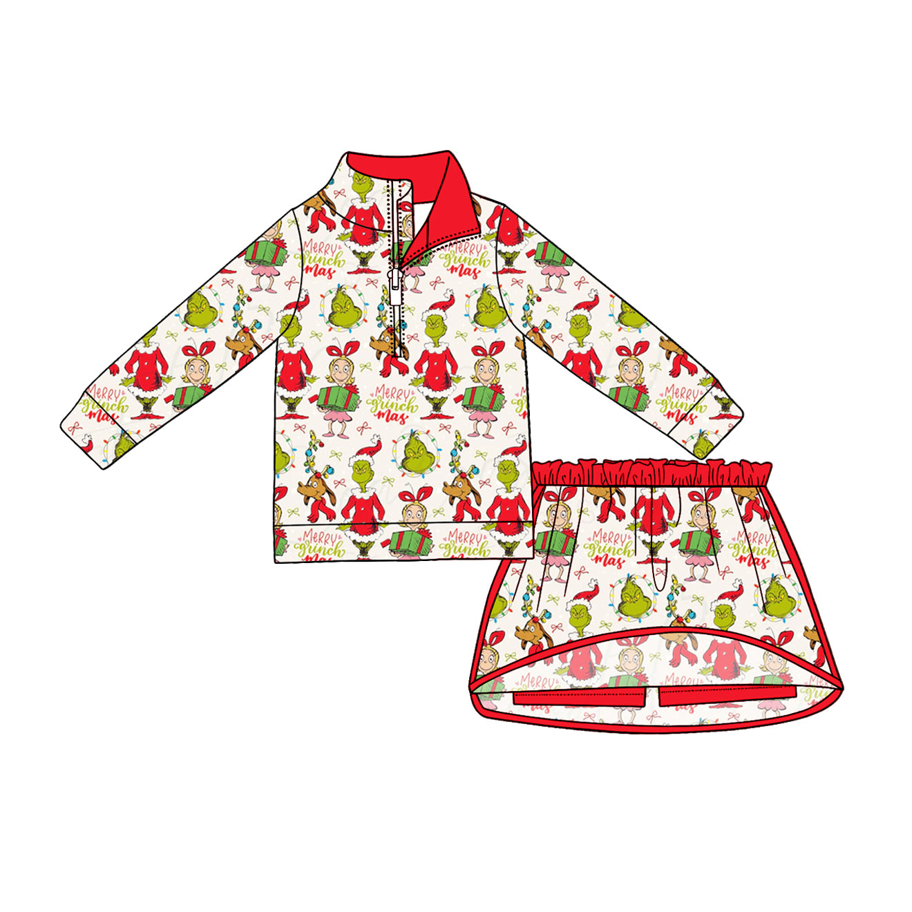Baby Girls Green Face Frogs Gifts Zip Top Skirt Short Christmas Clothes Sets Preorder