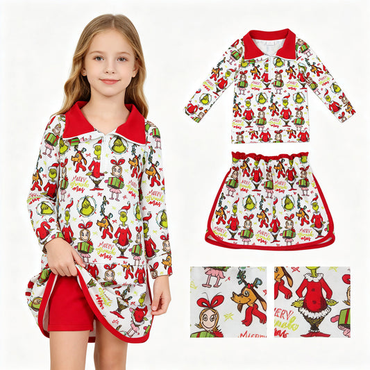 Baby Girls Green Face Frogs Gifts Zip Top Skirt Short Christmas Clothes Sets