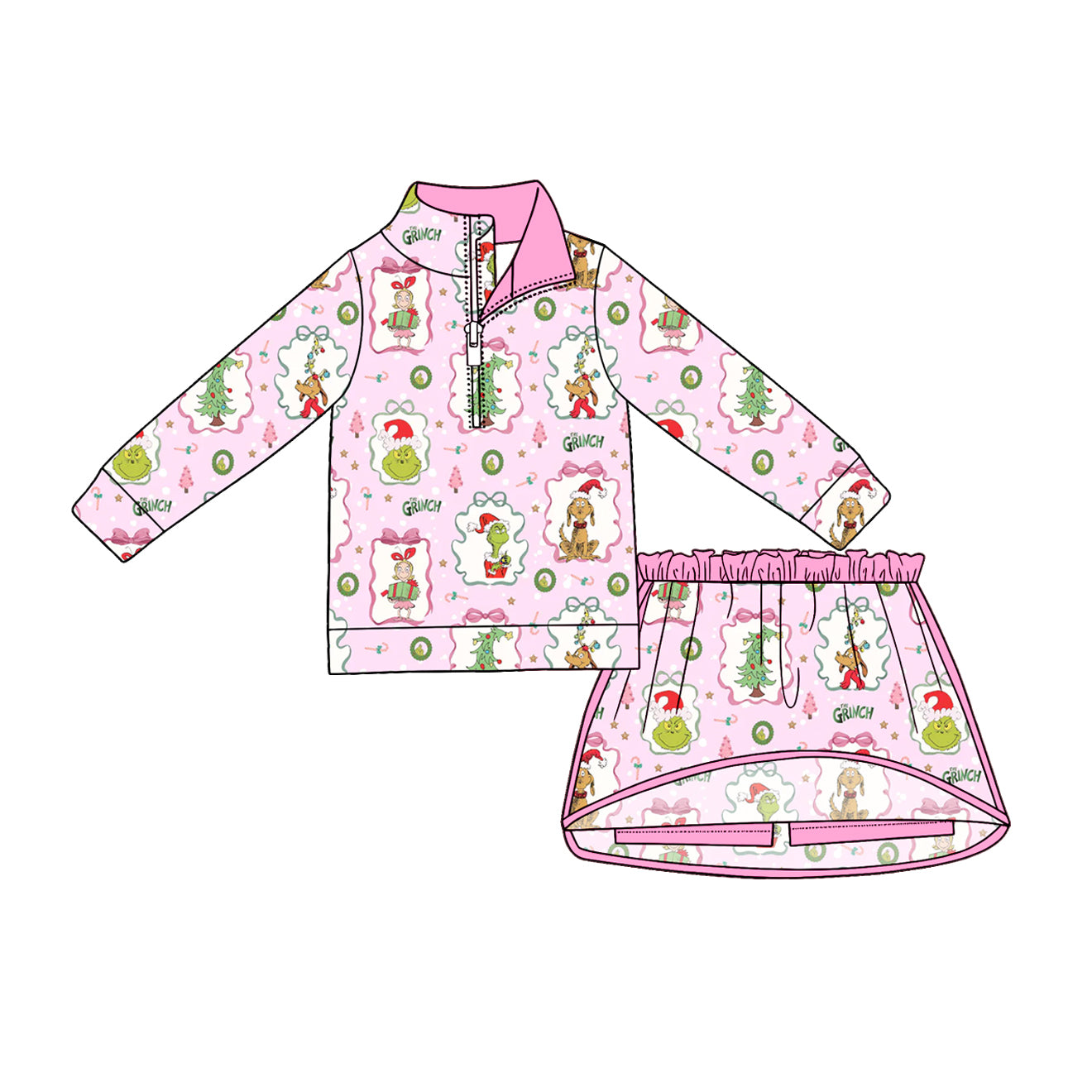 Baby Girls Green Face Frogs Trees Zip Top Skirt Short Christmas Clothes Sets Preorder