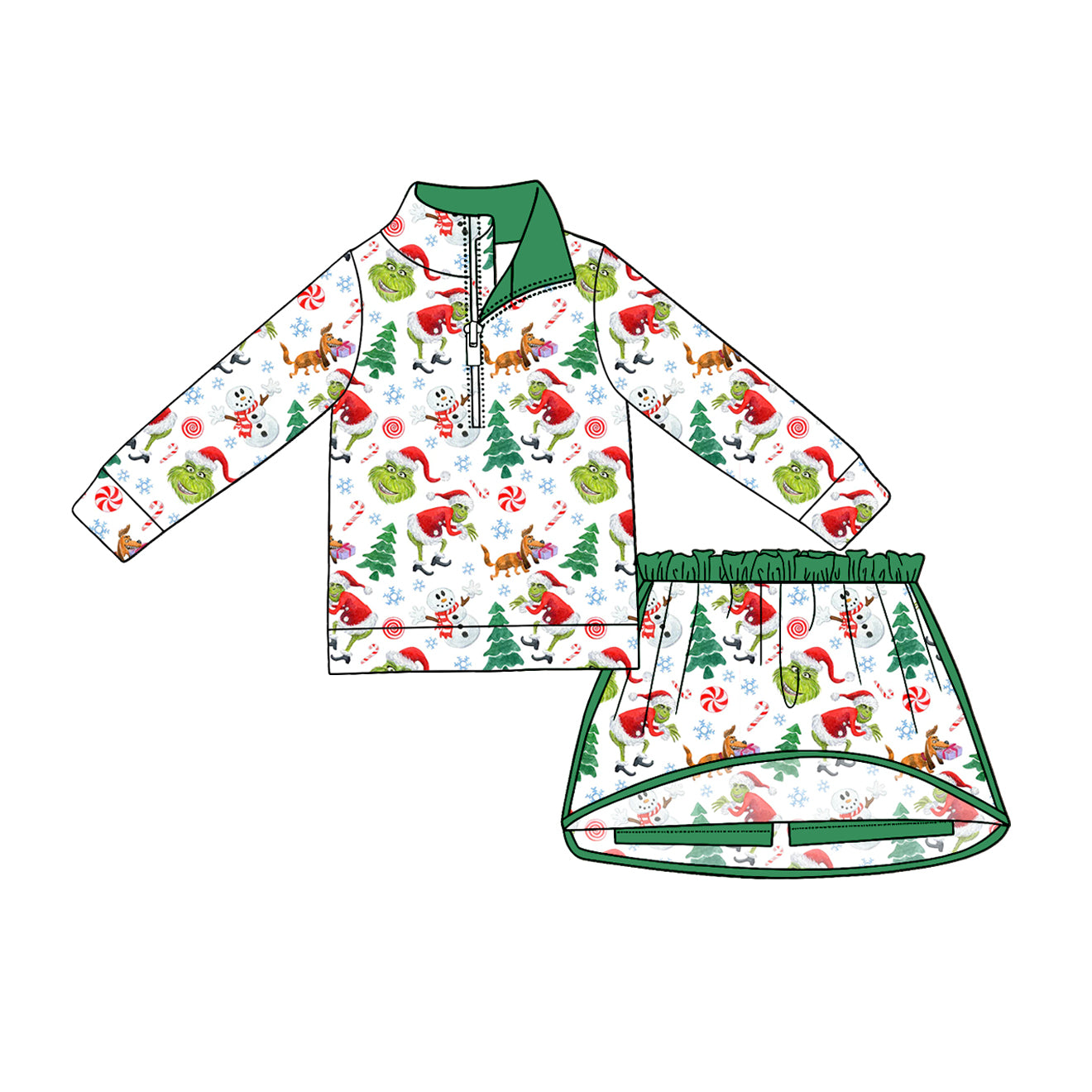 Baby Girls Green Face Frogs Snowmen Zip Top Skirt Short Christmas Clothes Sets Preorder