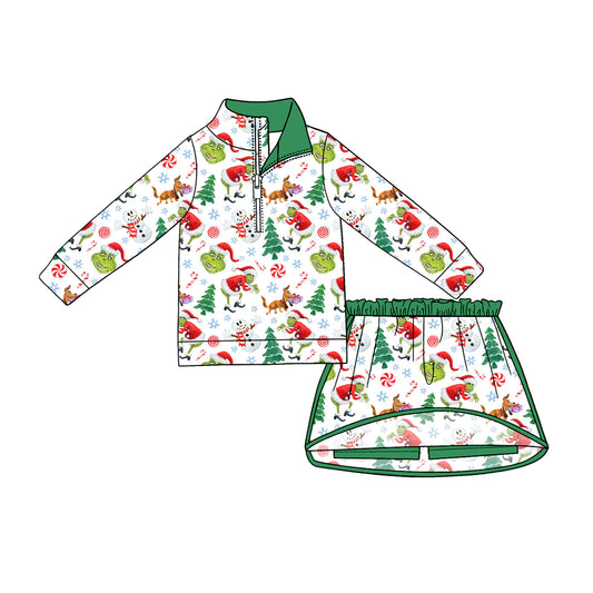 Baby Girls Green Face Frogs Snowmen Zip Top Skirt Short Christmas Clothes Sets Preorder