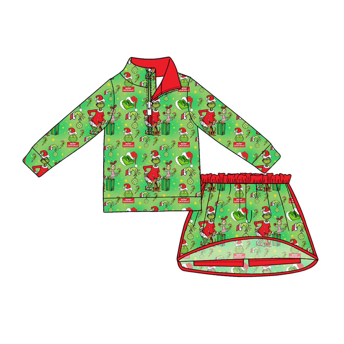 Baby Girls Green Face Frogs Gifts Zip Top Skirt Short Christmas Clothes Sets Preorder