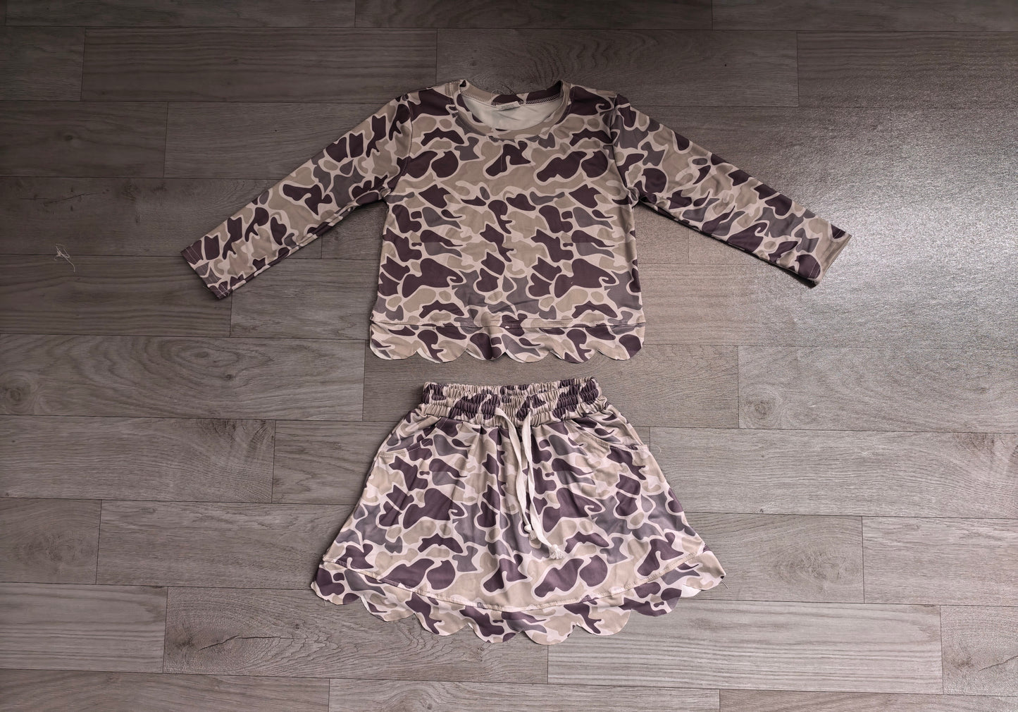 Baby Girls Long Sleeve Southern Grey Camo Scallop Top Skirt Short Clothes Set Preorder