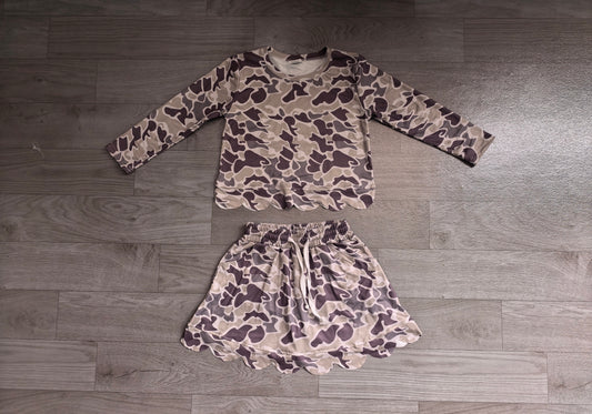 Baby Girls Long Sleeve Southern Grey Camo Scallop Top Skirt Short Clothes Set Preorder