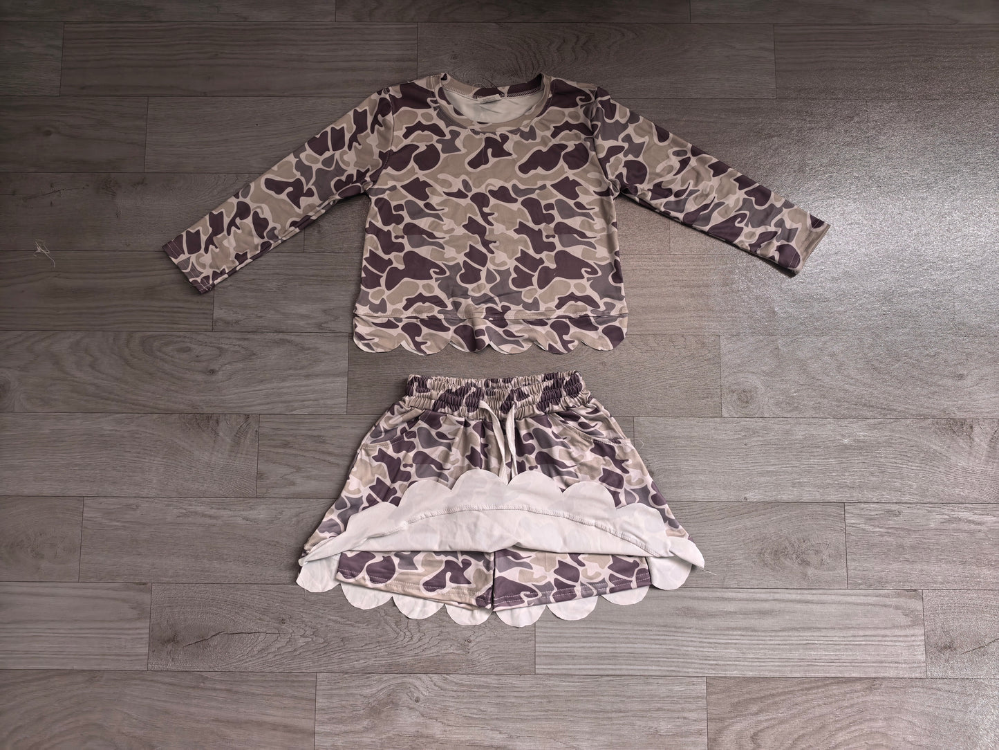 Baby Girls Long Sleeve Southern Grey Camo Scallop Top Skirt Short Clothes Set Preorder