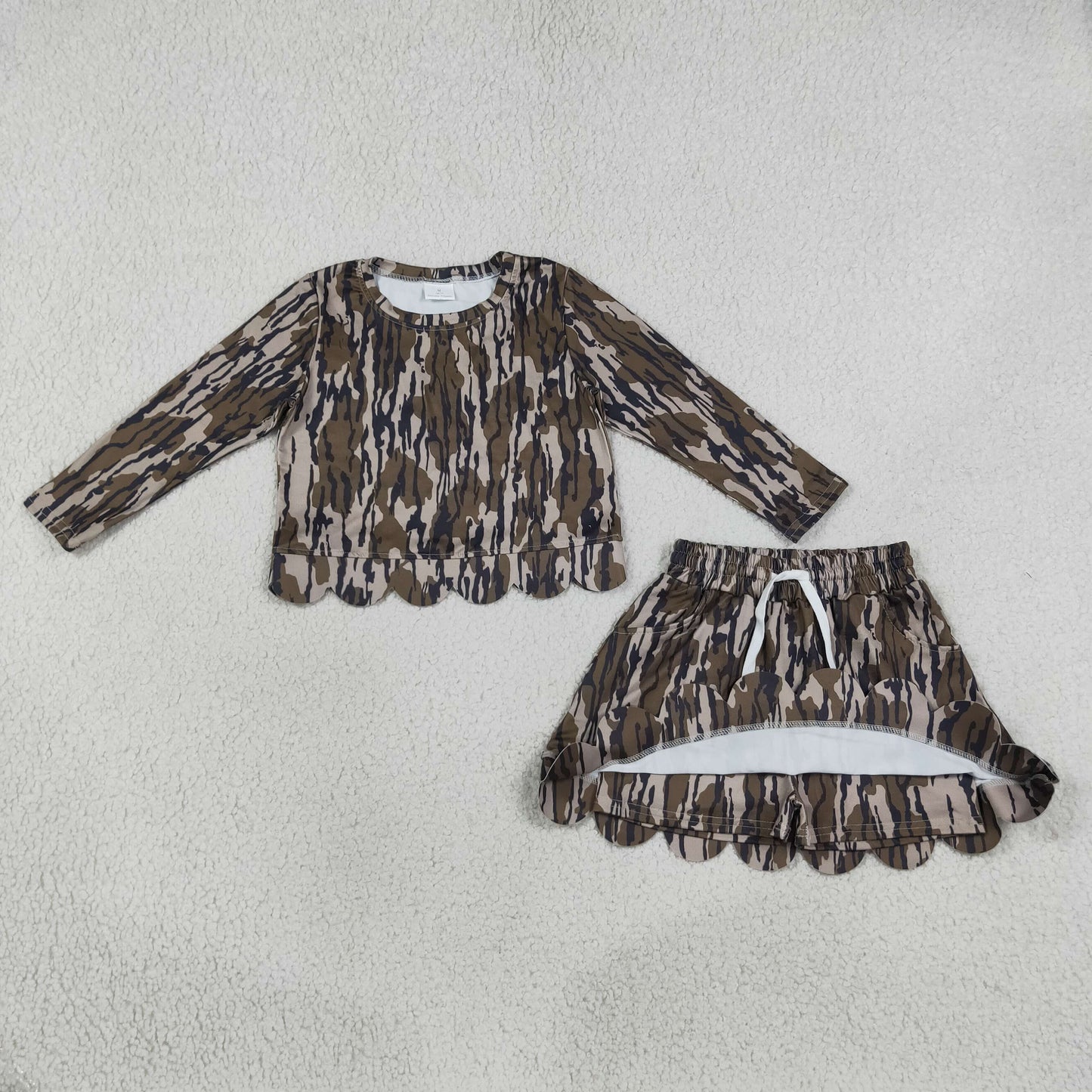 Baby Girls Long Sleeve Southern Wood Camo Top Skirt Short Scallop Clothes Set