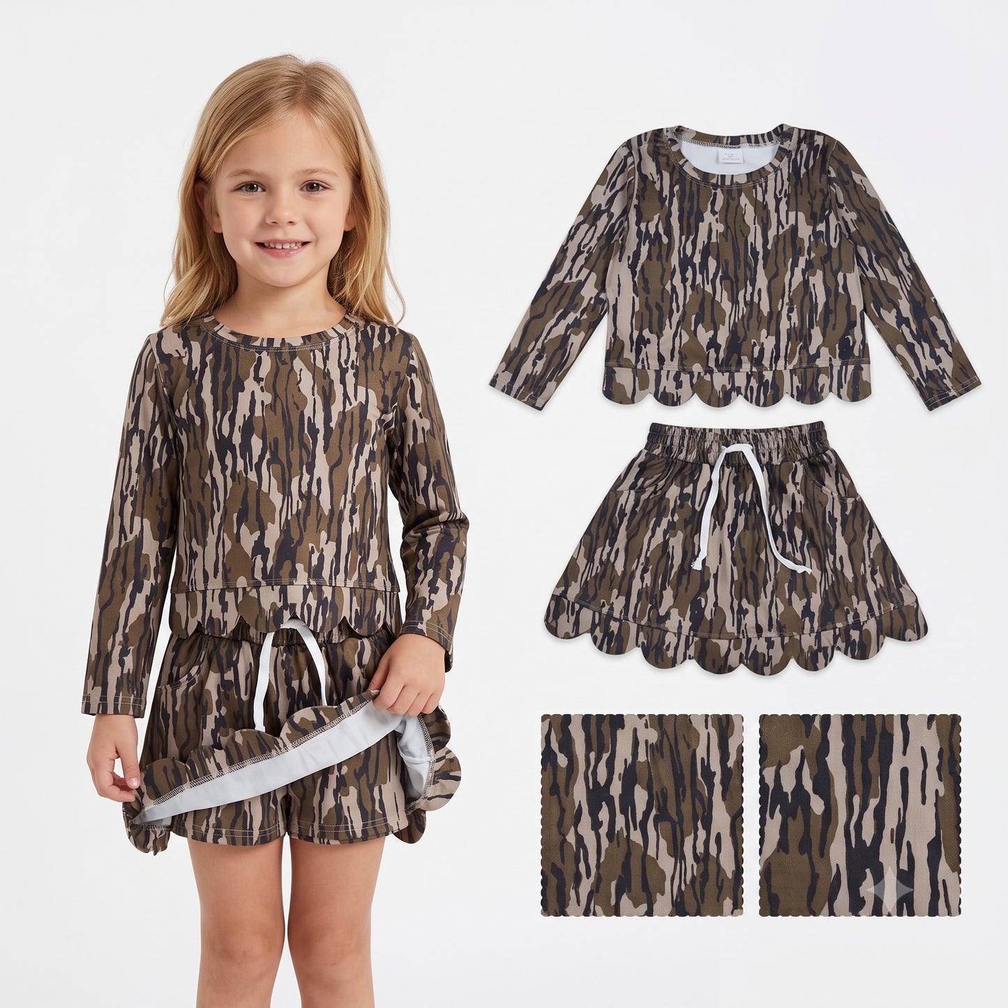 Baby Girls Long Sleeve Southern Wood Camo Top Skirt Short Scallop Clothes Set
