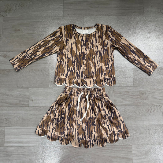 Baby Girls Long Sleeve Southern Olive Camo Scallop Top Skirt Short Clothes Set Preorder