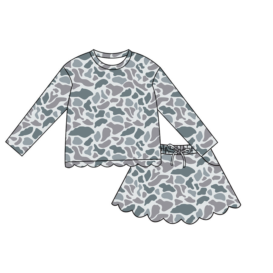 Baby Girls Long Sleeve Southern Light Grey Camo Scallop Top Skirt Short Clothes Set Preorder