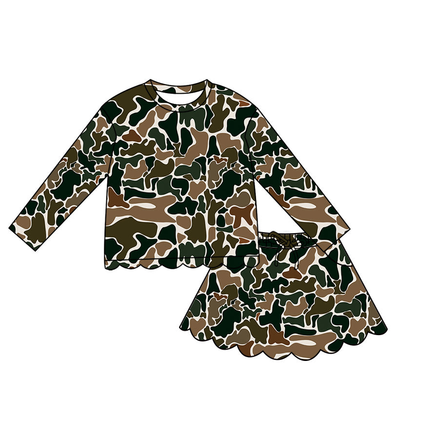 Baby Girls Long Sleeve Southern Dark Brown Camo Scallop Top Skirt Short Clothes Set Preorder