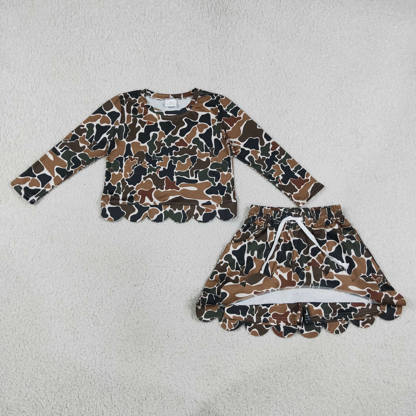 Sibling Baby Girls Long Sleeve Southern Camo Shirts Top Skirt Short Scallop Clothes Sets
