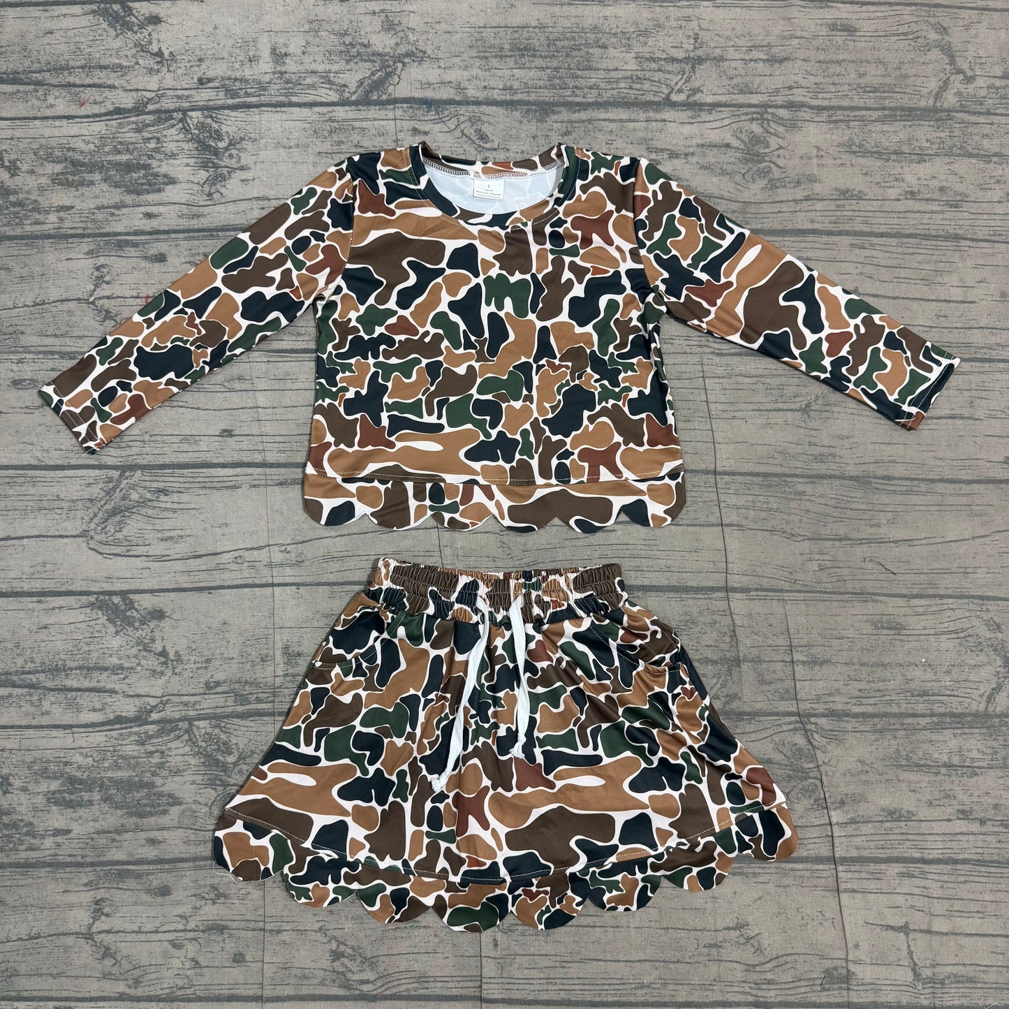 Baby Girls Long Sleeve Southern Dark Brown Camo Scallop Top Skirt Short Clothes Set Preorder